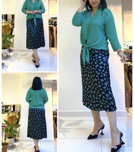 SILKY TIE FRONT BLOUSE AND FLORAL SATIN MIDI SKIRT