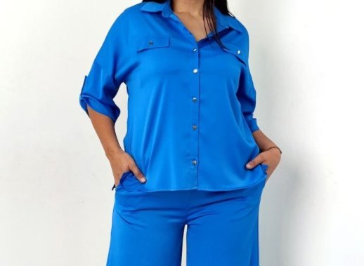 SILKY SHORT SLEEVE BUTTON BLOUSE WITH MATCHING FLARED PANTS