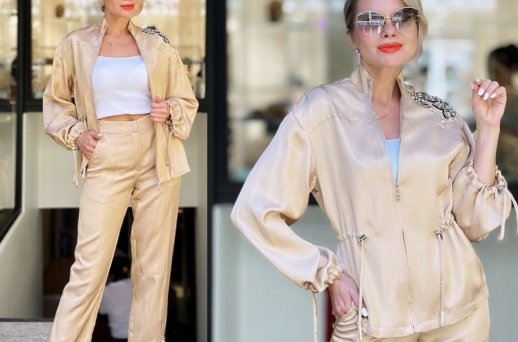 SATIN JACKET WITH DRAWSTING SIDES AND DIAMANTE DETAIL