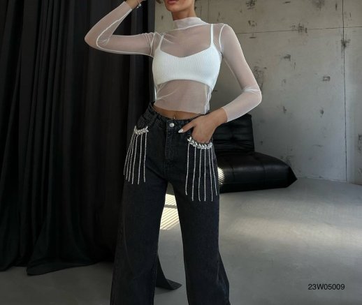 DIAMANTE FRINGE POCKET DETAIL ON JEANS