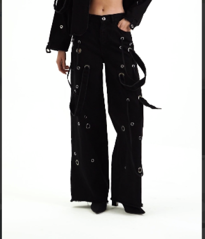 FLARED JEANS WIITH GROMMET AND STRAP DETAILS