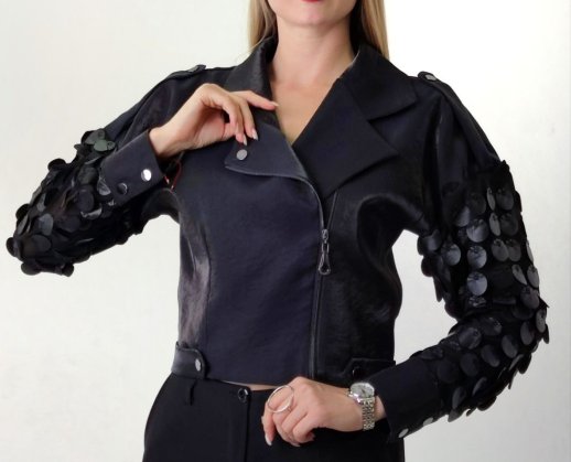 CROP JACKET WITH FAUX LEATHER DISC DETAIL AND ANGLE ZIPPER