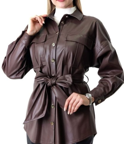 FAUX LEATHER BUTTON FRONT BELTED JACKET