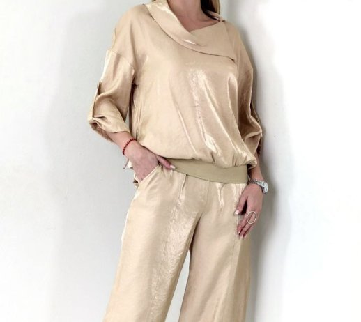 SATINY ANGLE NECKLINE TOP AND PARACHUTE PANTS