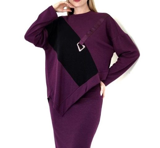 TWO TONE ANGULAR TOP WITH BELT DESIGN AND MIDI SLIM SKIRT