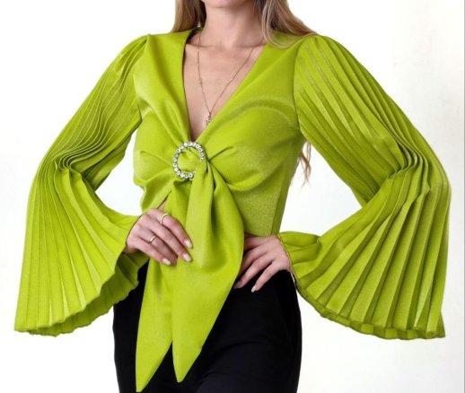 PLEATED WIDE SLEEVE WRAP BLOUSE