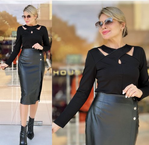 RUCHED FAUX LEATHER MIDI SKIRT WITH SIDE BUTTON DETAILS