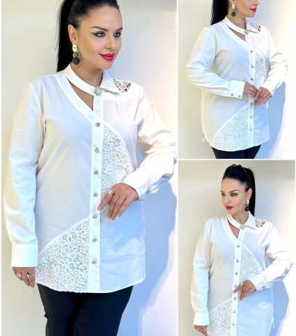 BUTTON BLOUSE  WITH LACE INSERTS AND STRAP NECK DETAIL