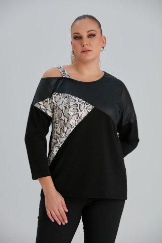 CURVED NECKLINE FAUX LEATHEER AND SNAKESKIN TOP
