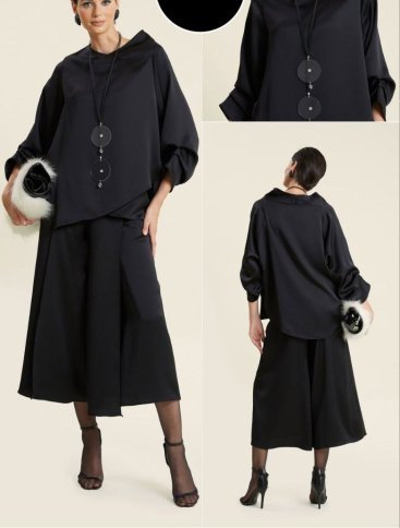 SILKY CURVED OVERSIZED BLOUSE WITH FLARED CROPPED PANTS