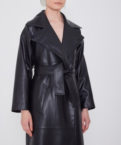 WIDE LAPEL FAUX LEATHER MIDI COAT