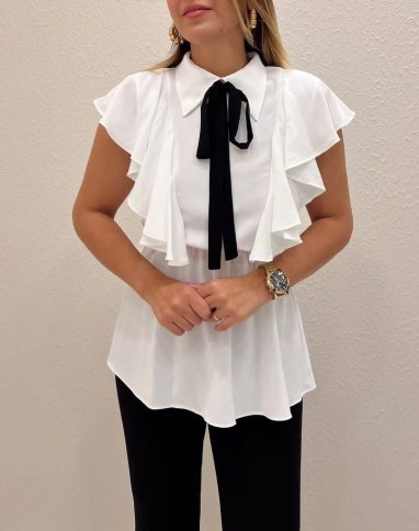 SHORT RUFFLE SLEEVE BLOUSE WITH NECKTIE
