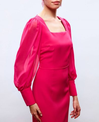 SQUARE NECKLINE WITH BLOUSON SLEEVE MIDI DRESS