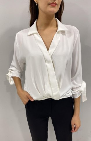 WRAP STYLE V NECK BLOUSE WITH TIE CUFFS
