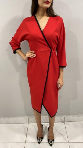 WRAP MIDI DRESS WITH BLACK PIPING