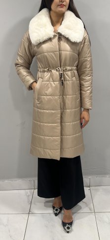 METALLIC PUFFER STYLE COAT WITH FAUX FUR COLLAR