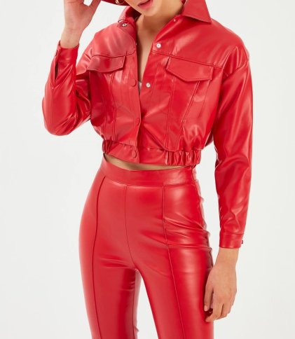 CROP ELASTIC FAUX LEATHER JACKET